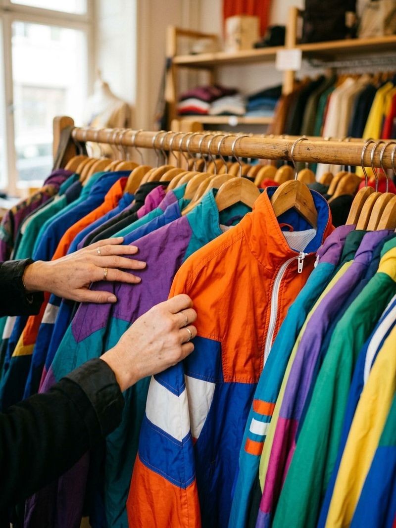 Mains qui passent en revue une rangée de vestes de sport vintage