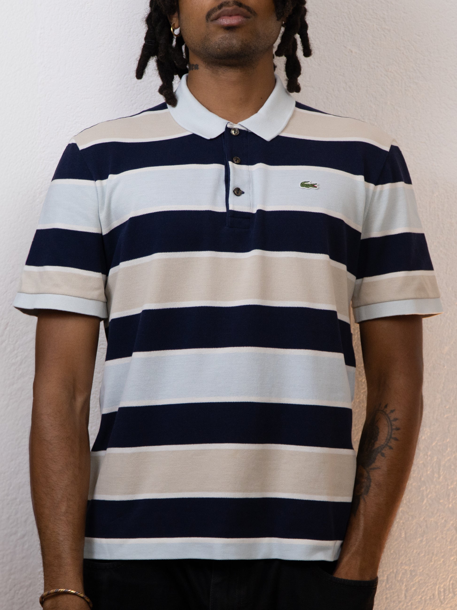 POLO LACOSTE 5/L RAYÉ BLEU CLAIR MARINE BEIGE