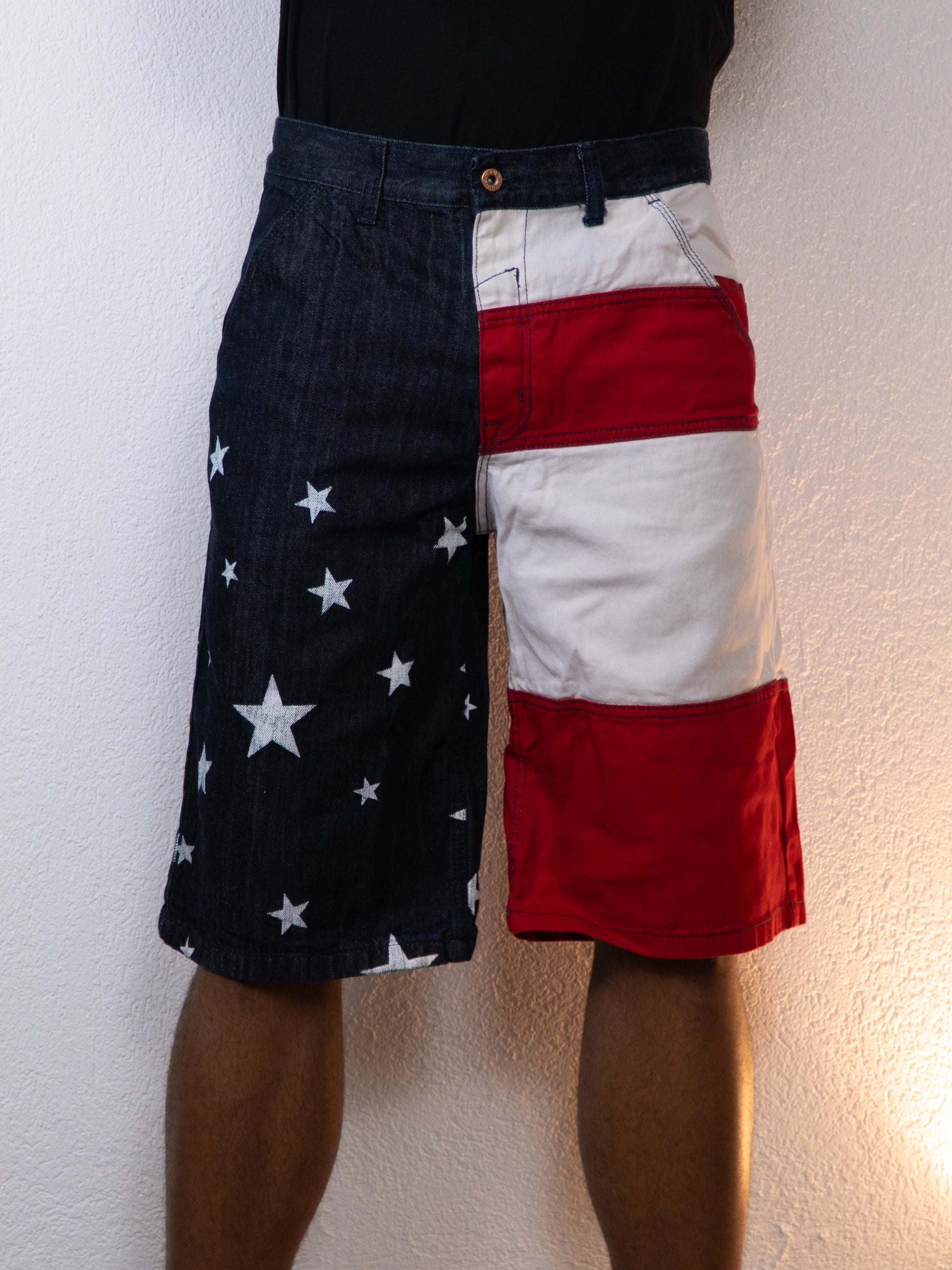 SHORT JEANS Y2K QRUEL USA 36 BLEU ROUGE BLANC