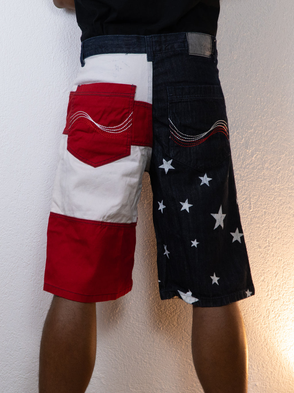 SHORT JEANS Y2K QRUEL USA 36 BLEU ROUGE BLANC