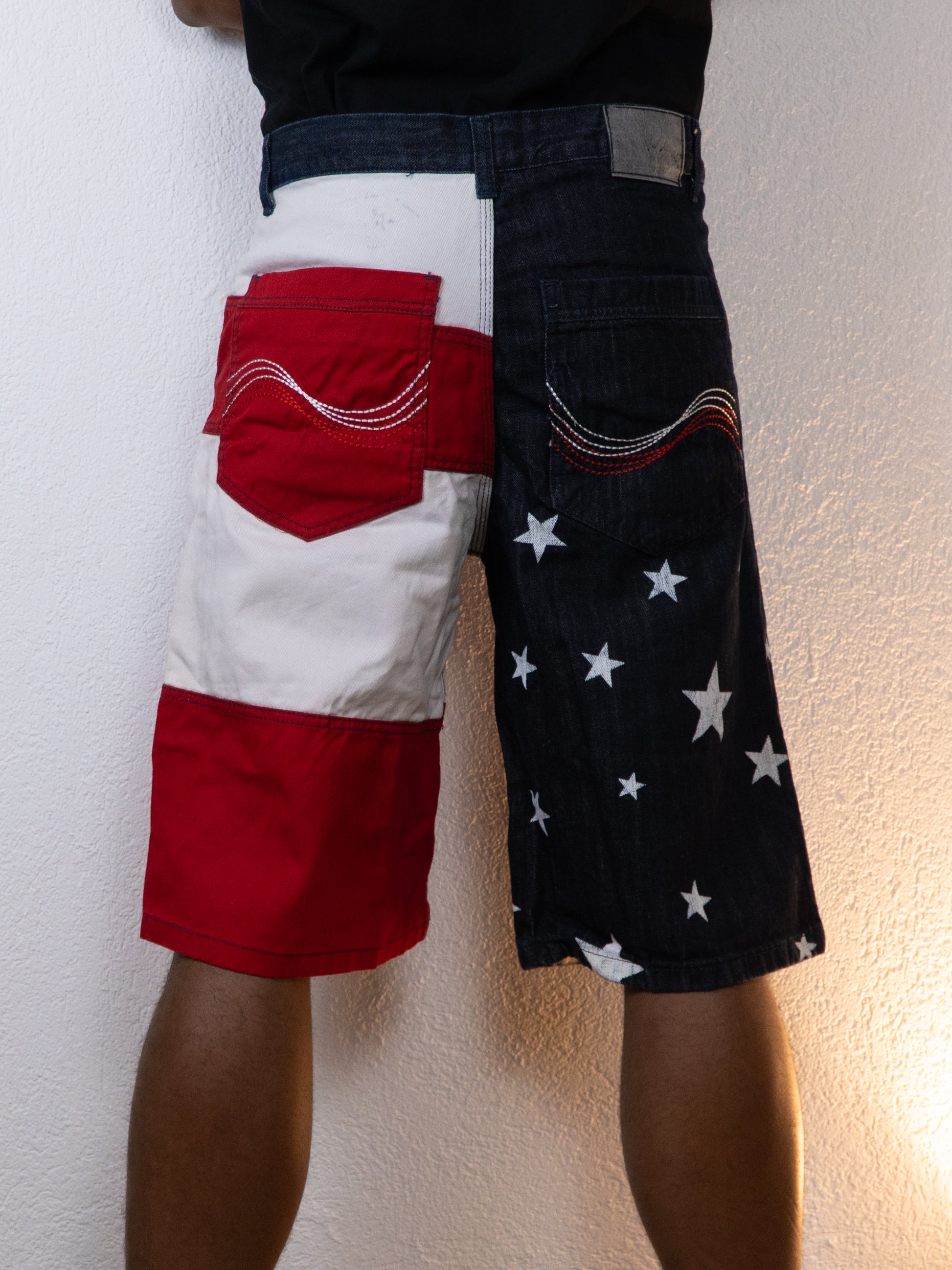 SHORT JEANS Y2K QRUEL USA 36 BLEU ROUGE BLANC