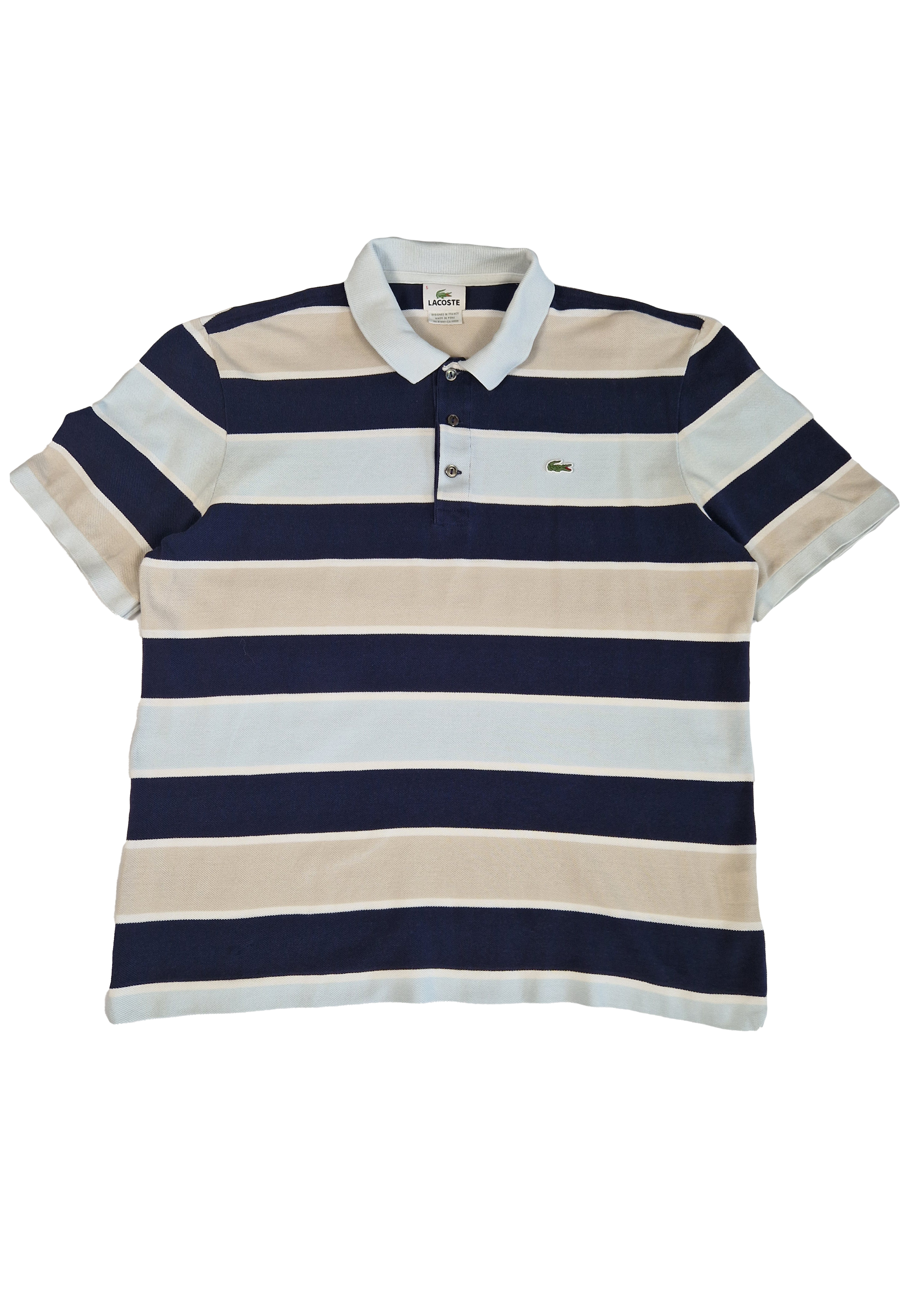 POLO LACOSTE 5/L RAYÉ BLEU CLAIR MARINE BEIGE